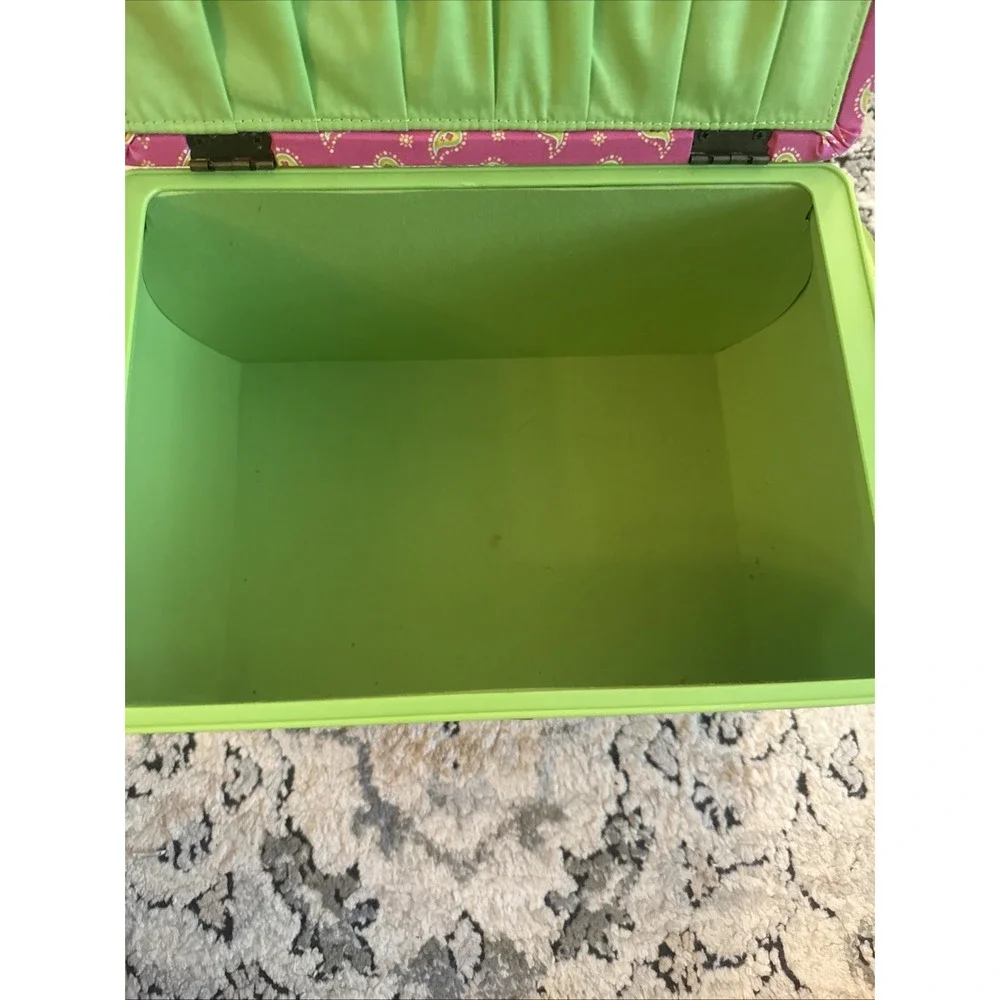 Vintage Y2K Sewing Basket Green Pink Floral Tapestry w/Inside Tray Handle Padded